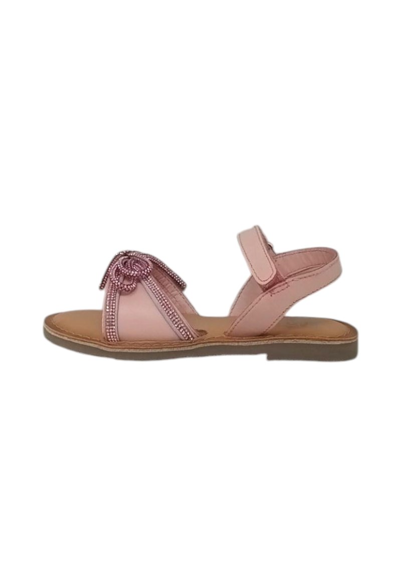 Sandali rosa con suola piatta, con dettaglio floreale in perline e cinturino regolabile in Velcro. Realizzati in materiale sintetico con texture liscia.