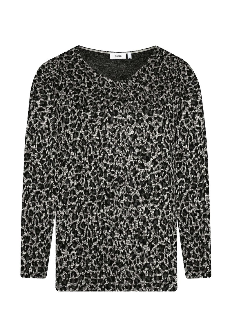 Schwarzes Langarmoberteil mit Leopardenmuster in Grau- und Schwarztönen, gefertigt aus einem weichen, strukturierten Stoff mit entspannter Passform.