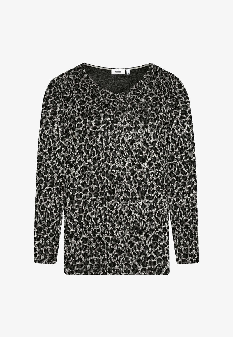 Schwarzes Langarmoberteil mit Leopardenmuster in Grau- und Schwarztönen, gefertigt aus einem weichen, strukturierten Stoff mit entspannter Passform.