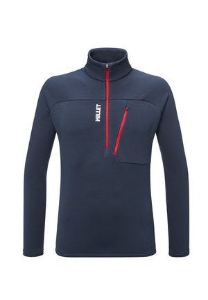 Marineblaue Fleece-Pullover mit hohem Kragen, halbem Reißverschluss vorne und einer Brusttasche. Mit roten Reißverschlussakzenten und einem Logo auf der Vorderseite.