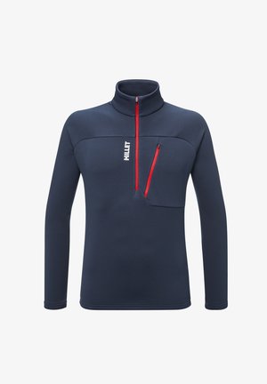 Marineblaue Fleece-Pullover mit hohem Kragen, halbem Reißverschluss vorne und einer Brusttasche. Mit roten Reißverschlussakzenten und einem Logo auf der Vorderseite.