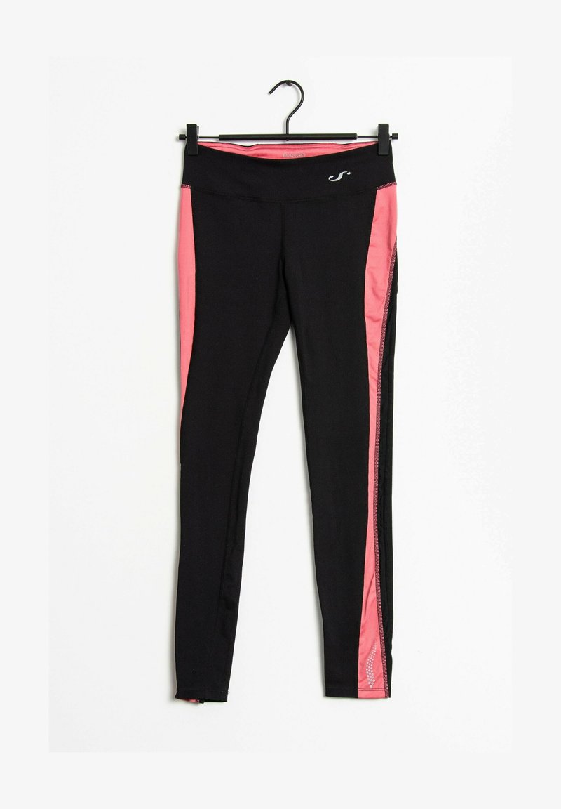 Leggings de sport noirs avec panneaux latéraux roses et petit logo blanc sur la ceinture, présentés sur un cintre noir sur fond blanc.