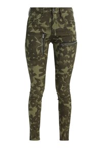 Olivgröna skinny jeans med kamouflage-mönster, utrustade med dragkedjefickor och en bomullsblandning för komfort och hållbarhet.