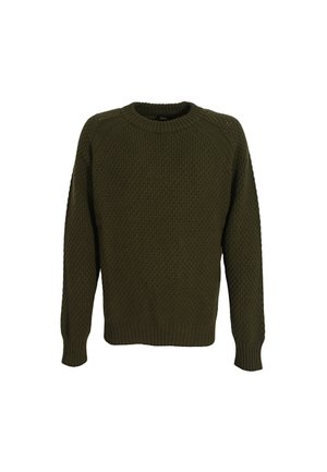 Maglione lavorato a maglia verde oliva con un motivo testurizzato, scollatura rotonda e maniche lunghe. Polsini e orlo a coste, con stile raglan.