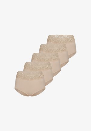 Cinq culottes beiges taille haute pour femmes avec de larges bandes en dentelle florale, présentées en disposition décalée sur fond blanc.