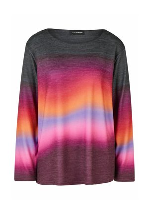 Langarmshirt mit rundem Halsausschnitt und horizontalen Farbverläufen in dunkelgrauen, lila-, rosa-, orange- und blaustönen.
