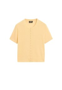 Short-sleeve, yellow cardigan made from soft fabric, featuring a round neckline, button front closure, and ribbed hem.