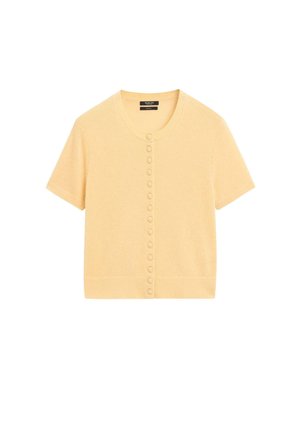 Cardigan giallo a manica corta realizzato in tessuto morbido, caratterizzato da scollo rotondo, chiusura frontale con bottoni e orlo a coste.