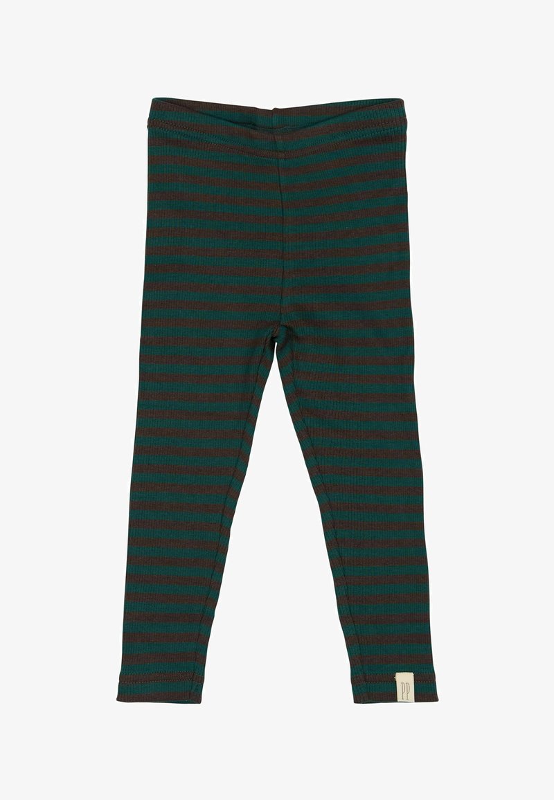 Randiga tights gjorda av ribbat tyg; mörkgröna och bruna horisontella ränder; ankel-långa med elastisk midja och liten logotagg.