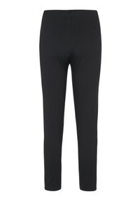Zwarte leggings van zachte, rekbare stof. Bevat een elastische tailleband en heeft een aansluitend ontwerp met rechte pijpen. Geen patronen of versieringen.