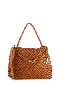 Woven brown leather handbag with braided accents, a single handle, detachable shoulder strap, and a gold logo charm.