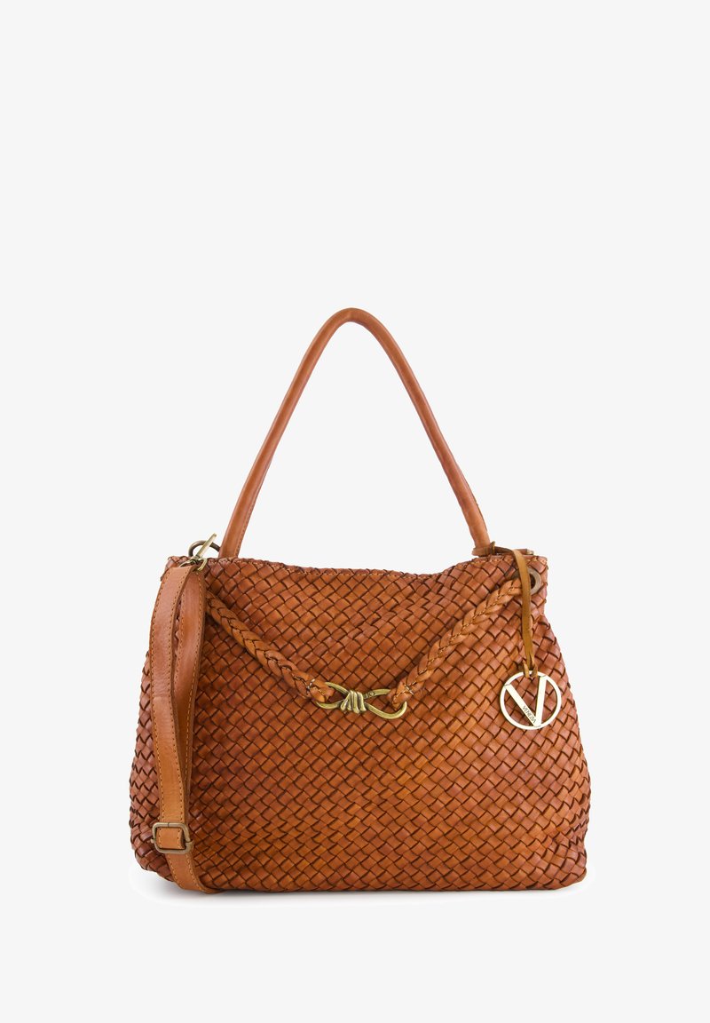 Woven brown leather handbag with braided accents, a single handle, detachable shoulder strap, and a gold logo charm.
