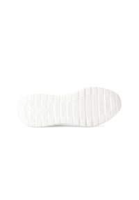 Witte rubberen schoenzool met een textuurpatroon voor grip en verhoogde groeven, voorzien van een subtiele logo-afdruk en gladde, afgeronde randen.