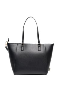 Czarna torba typu tote wykonana z teksturowanego syntetycznego materiału, z podwójnymi uchwytami, usztywnionym kształtem i akcentami w złotym odcieniu.