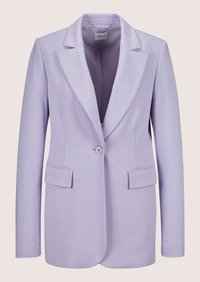 Hellvioletter Ein-Knopf-Blazer mit Kerb-Revers und zwei vorderen Pattentaschen, taillierter Schnitt und lange Ärmel.
