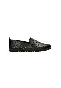 Scarpe slip-on nere in pelle forata, con suola piatta, punta arrotondata e superficie testurizzata con piccoli fori.