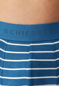 Blue striped boxer shorts with a soft texture. Features a dark blue elastic waistband embossed with "SCHIESSER" in a matching color.