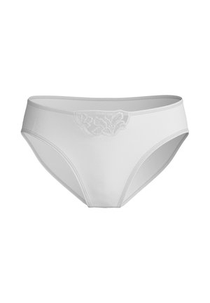 Weiße Baumwollslips mit glatter Textur, die auf der Vorderseite mit einem bestickten Blumendesign versehen sind und einen elastischen Bund für eine festsitzende Form haben.