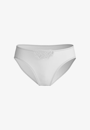 Weiße Baumwollslips mit glatter Textur, die auf der Vorderseite mit einem bestickten Blumendesign versehen sind und einen elastischen Bund für eine festsitzende Form haben.