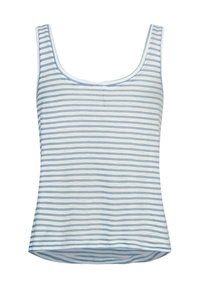 Stribet tanktop i lyseblå og hvid. Blødt stof med rund hals, ærmeløs design og en afslappet pasform, let udsvinget i kanten.