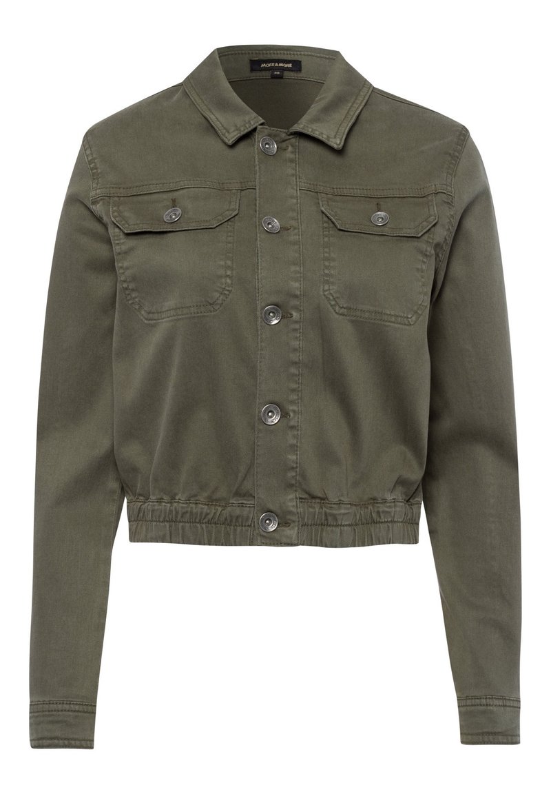 Oliven grøn, cropped denimjakke med lange ærmer, knaplukning, to brystlommer og elastisk nederkant. Glat overflade, klassisk kravedesign.