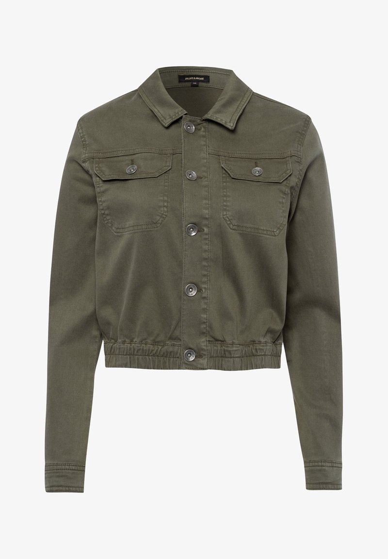 Oliven grøn, cropped denimjakke med lange ærmer, knaplukning, to brystlommer og elastisk nederkant. Glat overflade, klassisk kravedesign.