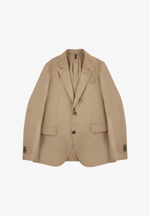 Beżowa marynarka dopasowana z klapami, dwoma przednimi kieszeniami i mankietami z trzema guzikami. Wykonana z gładkiego materiału, ma zapięcie na jeden guzik.
