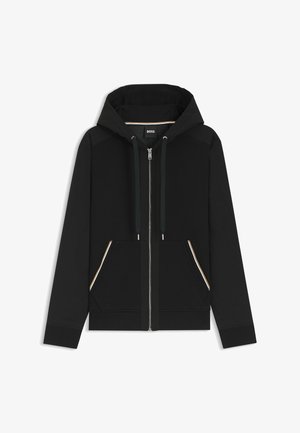 Zwarte hoodie met ritssluiting en capuchon, met twee voorzakken met een contrasterende rand en een gladde textuur. Logo aan de binnenkant weergegeven.