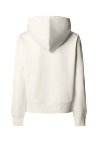 Krémový skrátený mikinový sveter s kapucňou na šnúrku, rebrovanými manžetami a lemom. Hladká textúra, s jednoduchým dizajnom bez viditeľných log.