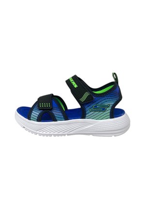 Sandalo Skechers blu e nero con punta aperta, due cinturini regolabili e suola bianca testurizzata.