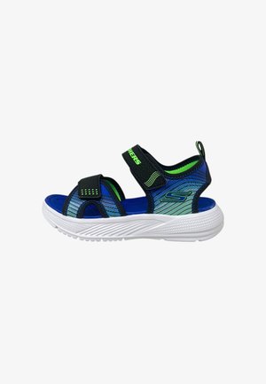 Sandalo Skechers blu e nero con punta aperta, due cinturini regolabili e suola bianca testurizzata.