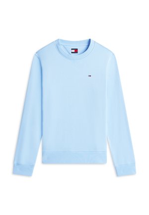 Hellblaues Sweatshirt mit langen Ärmeln und Rundhalsausschnitt, mit gerippten Bündchen an Ärmeln und Saum, versehen mit einem kleinen Tommy Hilfiger-Logo auf der Brust.