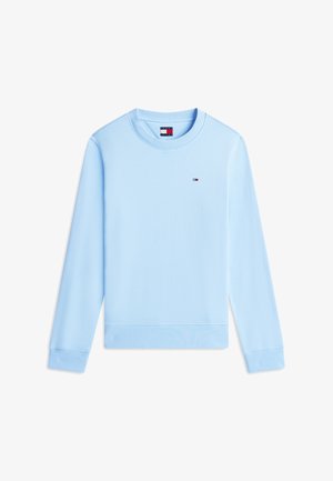 Lichtblauwe trui met lange mouwen en ronde hals, voorzien van geribbelde manchetten en zoom, met een klein Tommy Hilfiger-logo op de borst.