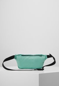 Marsupio verde menta con una texture liscia, dotato di una tracolla nera regolabile e una tasca con zip lungo il bordo superiore.