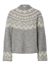 Grijze gebreide trui met een ronde hals, een gestructureerd patroon en crèmekleurige accenten op de schouders en manchetten. Ruime pasvorm en een comfortabele stijl.