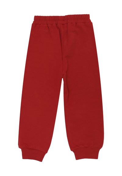 Pantaloni da jogging rossi con vita elastica e polsini a costine, dalla vestibilità ampia e design semplice, presentati su uno sfondo bianco.