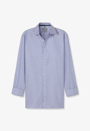 Blau gestreiftes Hemd aus leichtem Stoff, lange Ärmel, Knopfleiste, umgelegt Kragen, mit weißen Knopfakzenten und taillierter Passform.