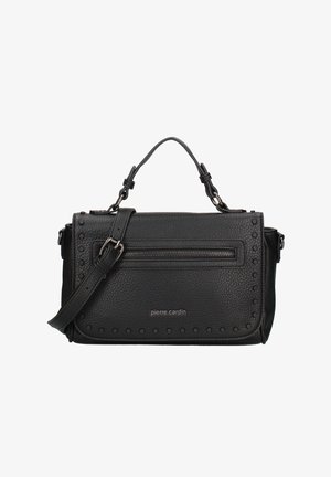 Borsa a tracolla nera in pelle con finitura testurizzata, dotata di manico superiore, tracolla removibile, tasca frontale con zip e dettagli borchiati lungo i bordi.