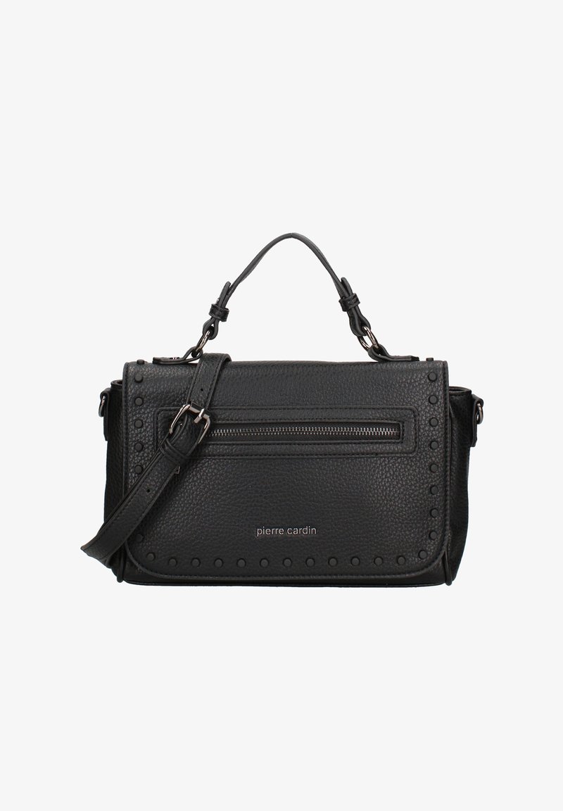 Borsa a tracolla nera in pelle con finitura testurizzata, dotata di manico superiore, tracolla removibile, tasca frontale con zip e dettagli borchiati lungo i bordi.