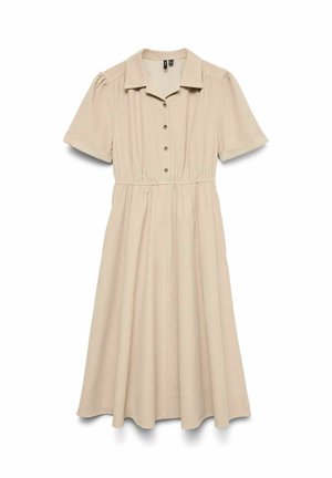 Beige, kortermet kjole med krage, knappelukking foran, elastisk midje og flytende skjørt. Laget av mykt, lett stoff.