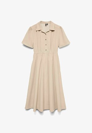 Robe beige à manches courtes avec un col, bouton sur le devant, taille élastique et jupe fluide. Fabriquée en tissu doux et léger.