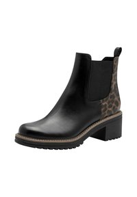Bottines noires avec un panneau élastique imprimé léopard, bout rond, épaisse semelle bloc, et semelle en caoutchouc texturée. Couture détaillée autour de la base.