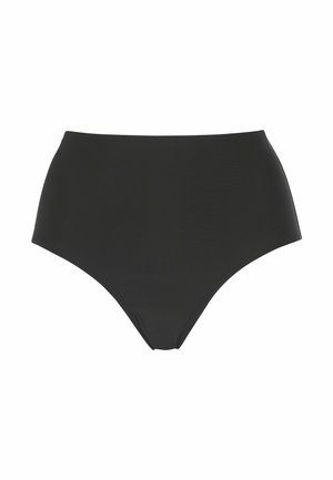 Højtaljede sorte bikiniunderdele i strækbart stof, med en glat tekstur og sømløs konstruktion for komfort og pasform.