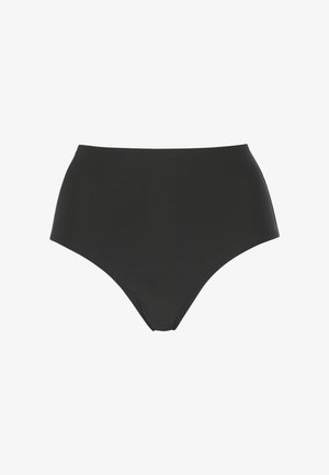 Hochgeschnittene schwarze Bikinihose aus dehnbarem Material, mit glatter Textur und nahtloser Verarbeitung für Komfort und Passform.