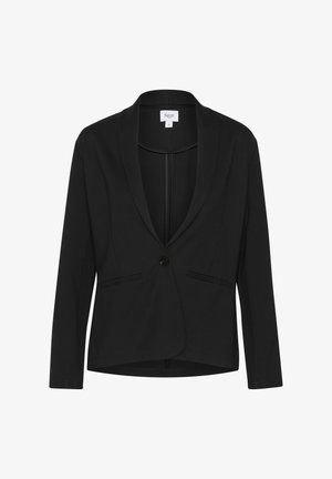 Schwarzes Blazer mit Schalkragen, einreihiger Knopfverschluss, zwei vordere Taschen und glatter Stoffoberfläche. Taillierte Passform mit langen Ärmeln.