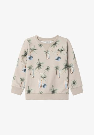 Beige langærmet sweatshirt med et all-over tropisk print af palmer, surfbrætter, bølger og hængekøjer.