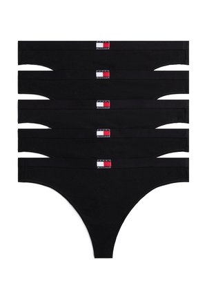 Cinq strings en coton noir avec des étiquettes de logo rectangulaires de marque centrées sur la taille.