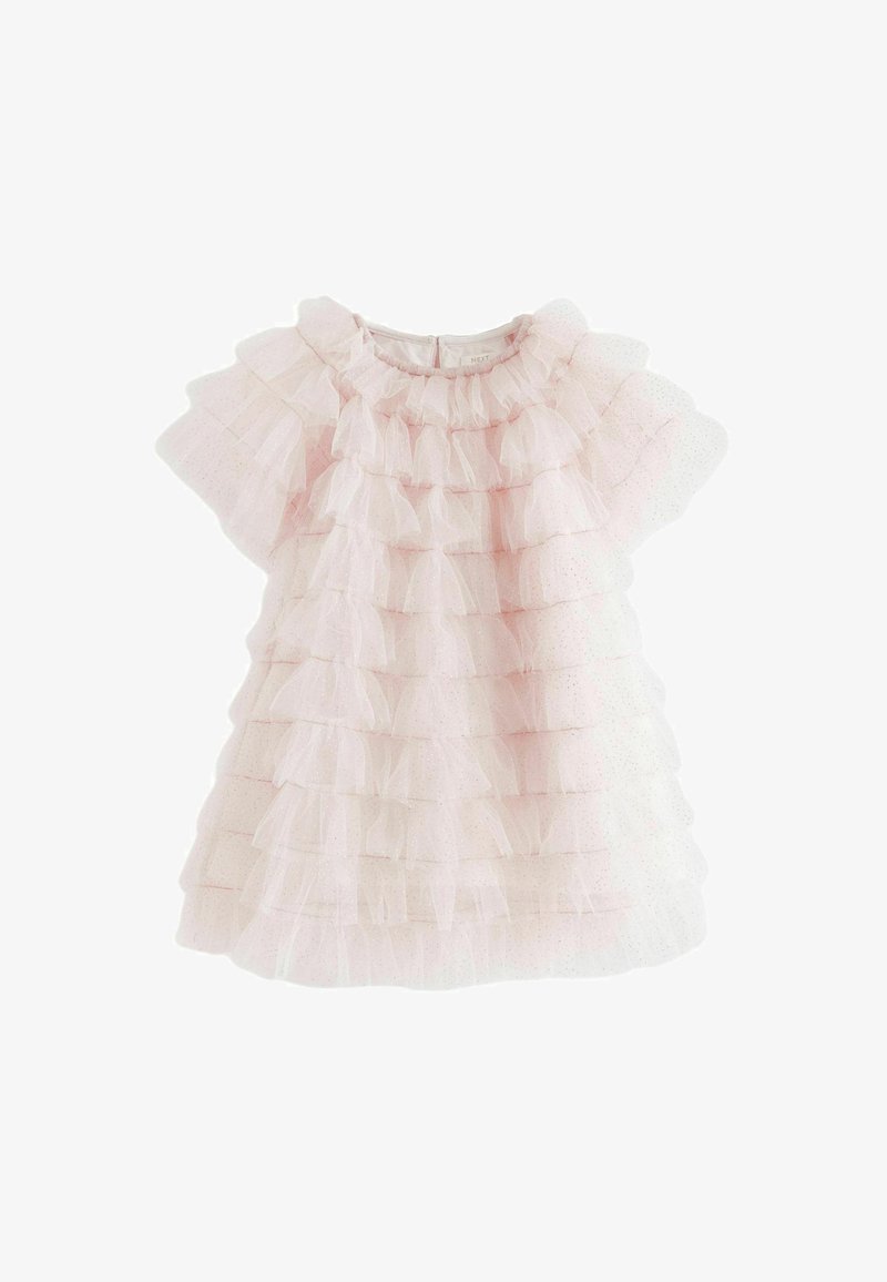 Jasnoróżowa sukienka z tiulu z warstwami falban. Posiada okrągły dekolt i krótkie rękawy. Subtelne cekiny w całym materiale.