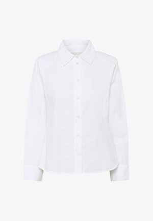 Bela dolgoročna srajca z gumbi, z ostrim ovratnikom in manšetami, prikazana na enobarvnem belem ozadju.
