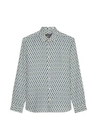 Leichte, langärmlige Bluse in Beige mit geometrischem blauen Muster, ausgestattet mit einem klassischen Kragen und einer Knopfleiste vorn.